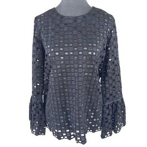 Ann Taylor Whimsigoth Romantic Black Navy Geometric Eyelet Bell Sleeve Blouse S